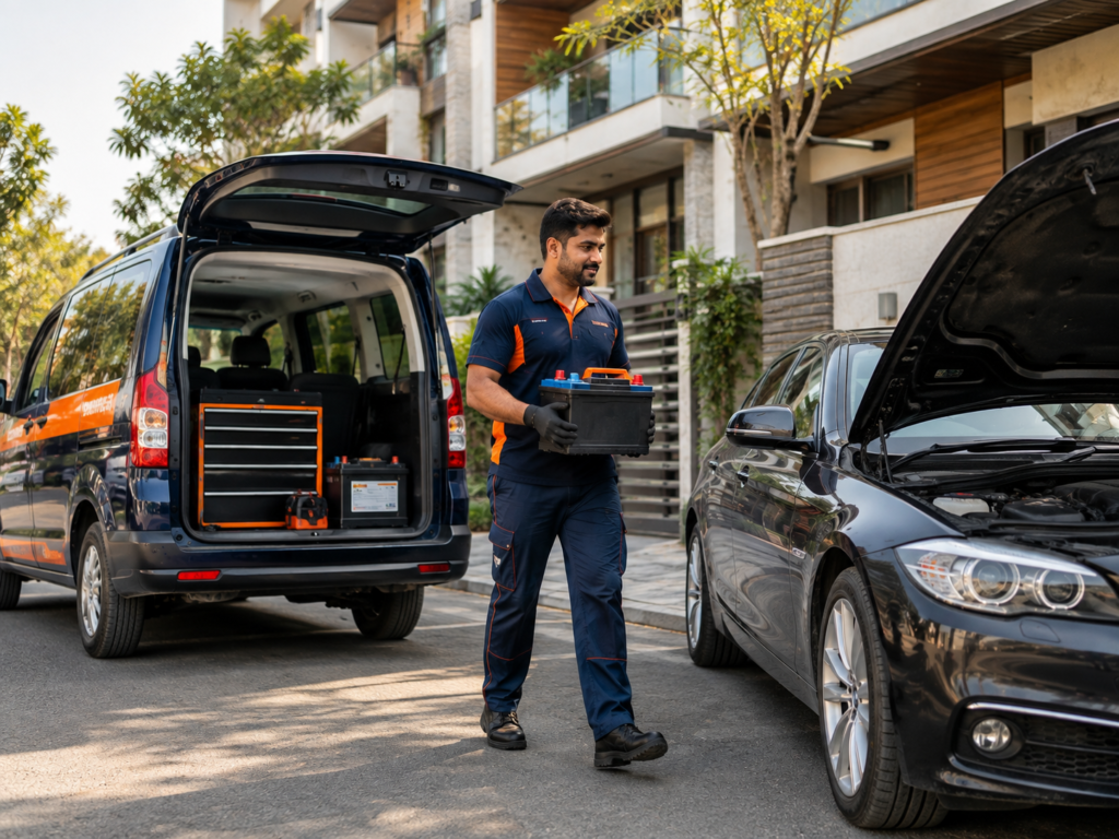 Car battery delivery service in West Delhi with a professional technician carrying a replacement car battery from a service van to a luxury sedan.