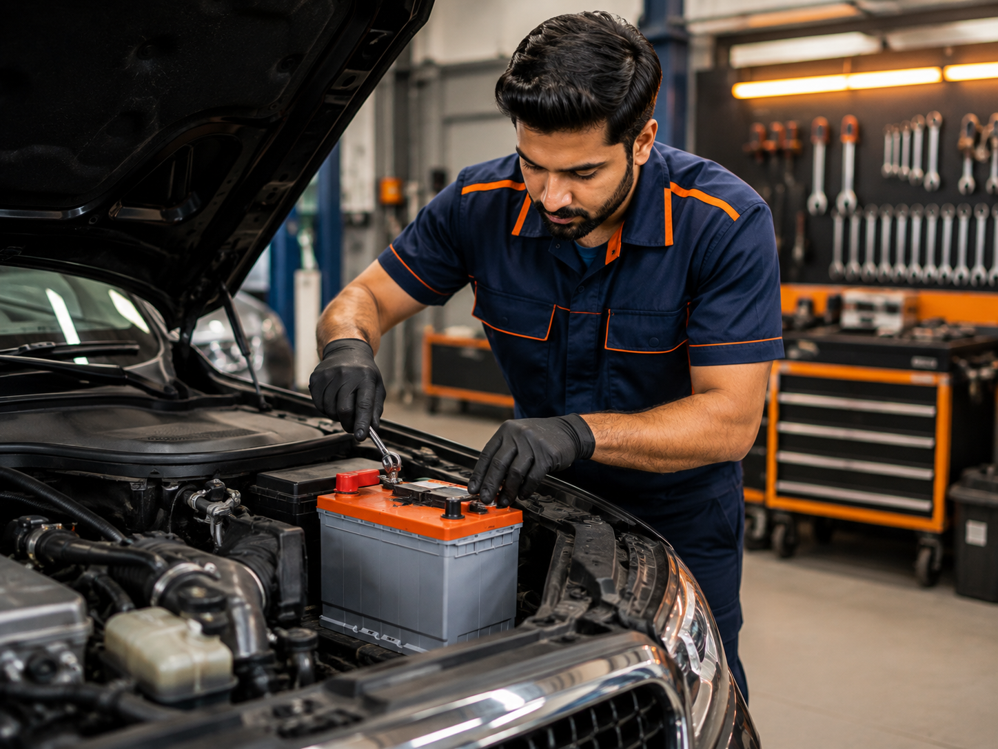 Professional technician installing a new car battery in a luxury vehicle at an automotive workshop.