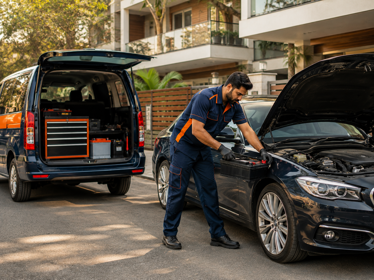 Mobile car battery replacement service with a professional technician assisting a vehicle at a Delhi residence.