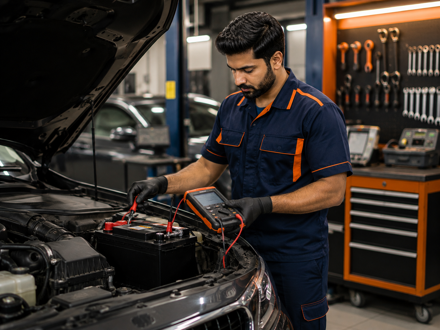 Automotive technician testing a car battery and electrical system using a digital battery diagnostic tester.